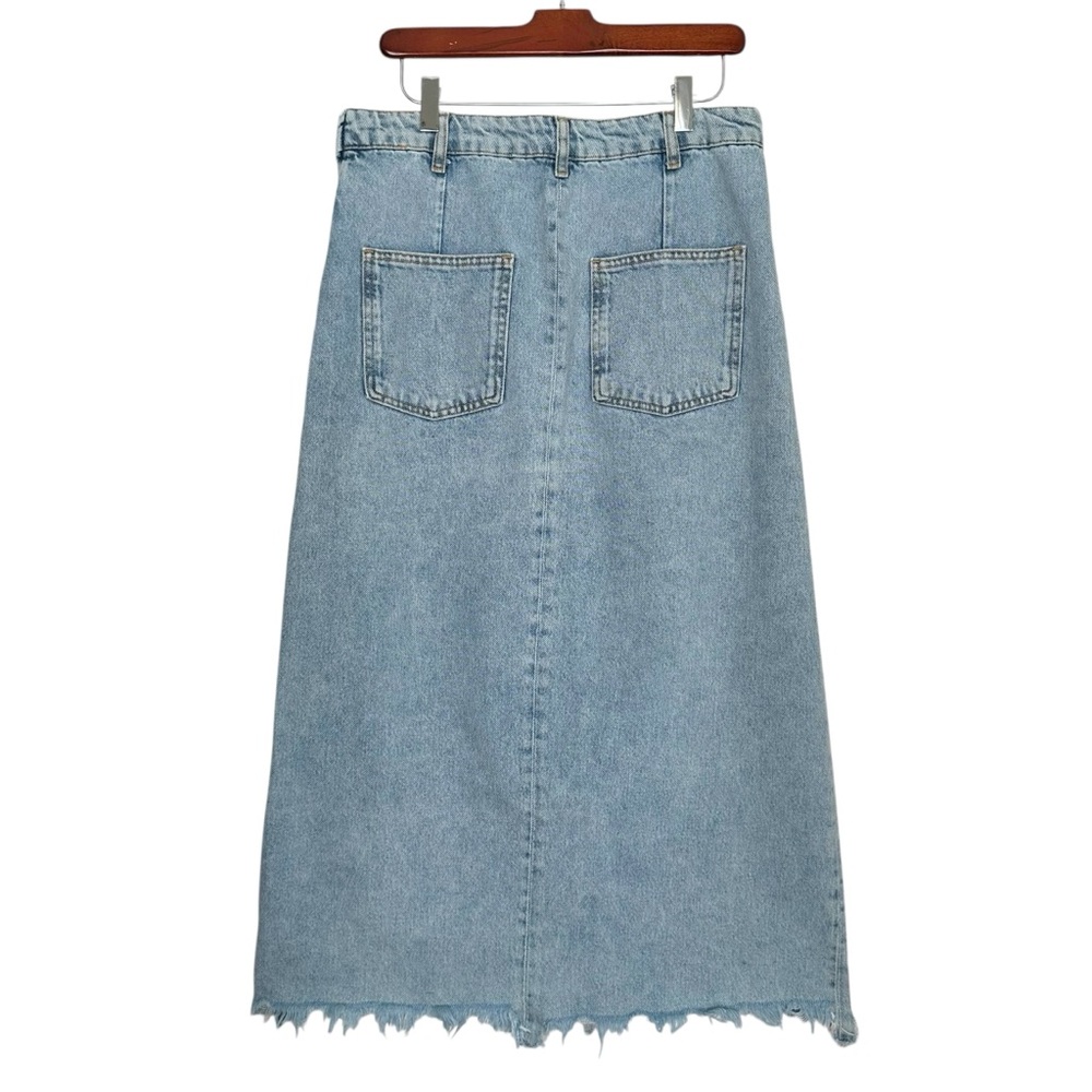 ZARA Premium Denim Light Wash Midi Skirt Raw Hem Front Slit Size L - Picture 7 of 16